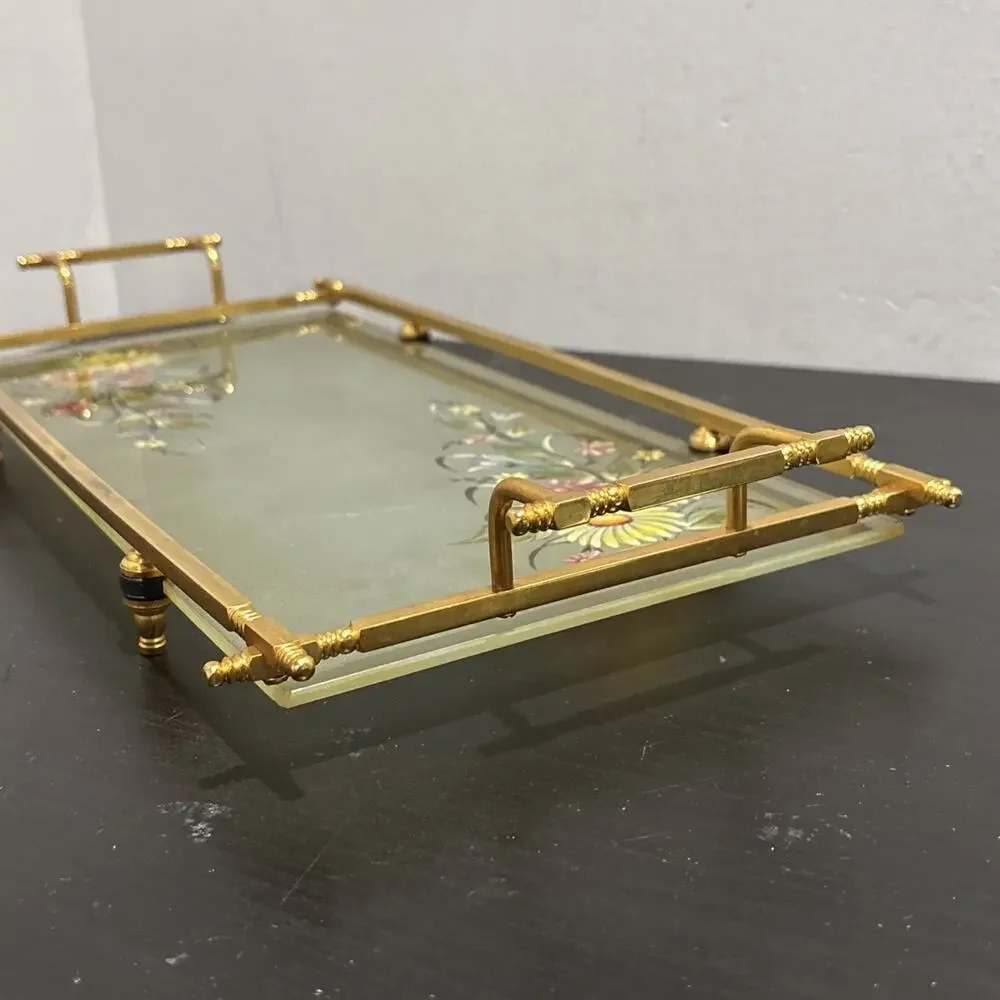 Vintage MCM Hollywood Regency Brass Frame Glass Hand Painted Floral Serving Tray